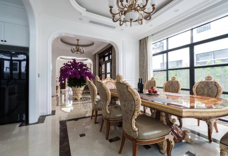 Hình ảnh thi công phòng ăn luxury phong cách tân cổ điển đẹp sang trọng cho biệt thự Vinhomes Imperia Hải Phòng
