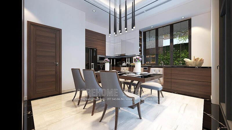 Sử dụng gam màu nâu trầm đóng vai trò chủ đạo, tủ bếp gỗ công nghiệp được coi là điểm nhấn sang trọng cho cả không gian Tủ bếp đẹp, tủ bếp đẹp hiện đại, tủ bếp An Cường, tủ bếp cao cấp