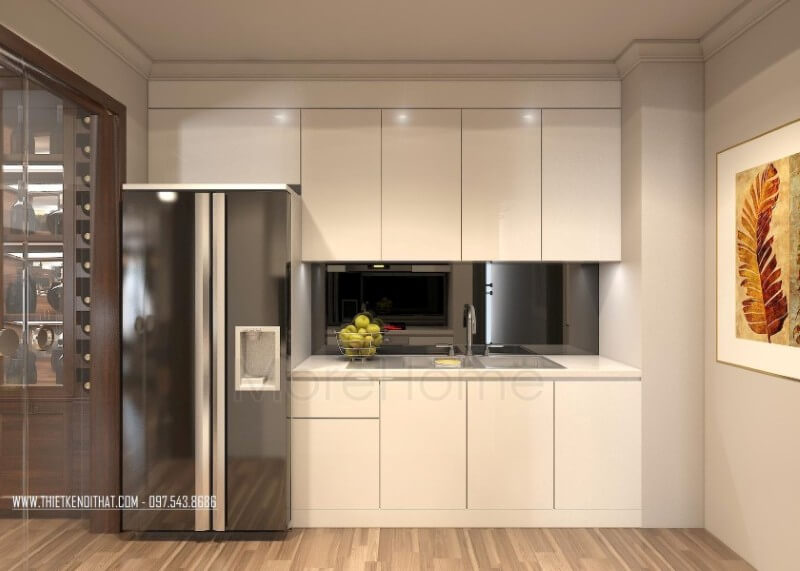 Tủ bếp đẹp được lắp đặt gọn gàng tạo một mặt phẳng tiện nghi, đa năng, không tốn quá nhiều diện tích mà vẫn đầy đủ tính công năng. Tủ bếp chung cư