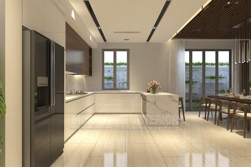 Thiết kế nội thất phòng bếp hiện đại tiện nghi với mẫu tủ bếp gỗ công nghiệp nhiều ngăn, hộc tủ đa dạng tạo nên không gian lữu trữ vật dụng nhà bếp luôn gọn gàng, ngăn nắp Tủ bếp hiện đại, tủ bếp chữ u, tủ bếp chữ i, tủ bếp chữ l
