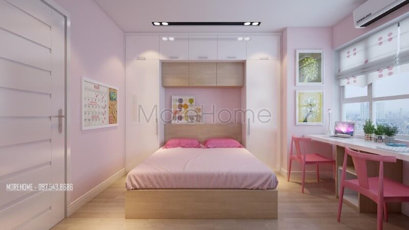 Tủ quần áo được thiết kế theo kiểu dáng chữ u lắp ngược giúp cho gia chủ có thể tận dụng sắp xếp không gian giúp cho căn phòng thêm hài hòa và hợp lí hơn Mẫu nội thất chung cư