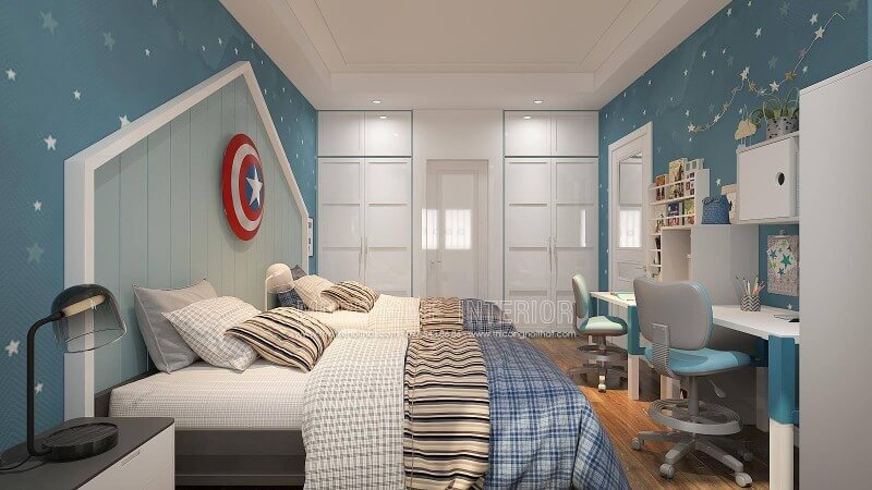 Nếu bạn đang băn khoăn bố trí phòng vệ sinh khép kín liền mạch với phòng ngủ của 2 cậu con trai thì ý tưởng sử dụng phòng tắm đi từ cửa giữa 2 tủ quần áo âm tường là một cách sắp xếp khá độc đáo vừa tinh gọn vừa đẹp. Mẫu nội thất biệt thự đẹp