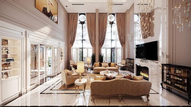 Bố trí nội thất phòng khách tân cổ điển đẹp, sang trọng tại Vinhomes Imperia Hải Phòng. Mẫu nội thất biệt thự đẹp
