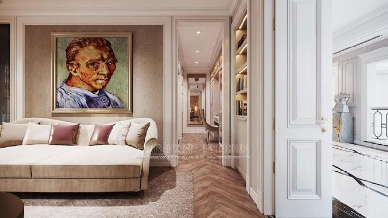 Tranh canvas chân dung họa sĩ Van Gogh nổi tiếng tạo điểm nhấn tuyệt đẹp cho không gian. Mẫu nội thất biệt thự đẹp