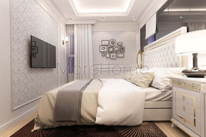 Mẫu giường ngủ tân cổ điển đầu giường bọc da được coi là điểm nhấn cho một không gian riêng tư sang trọng và ấn tượng Thiết kế chung cư