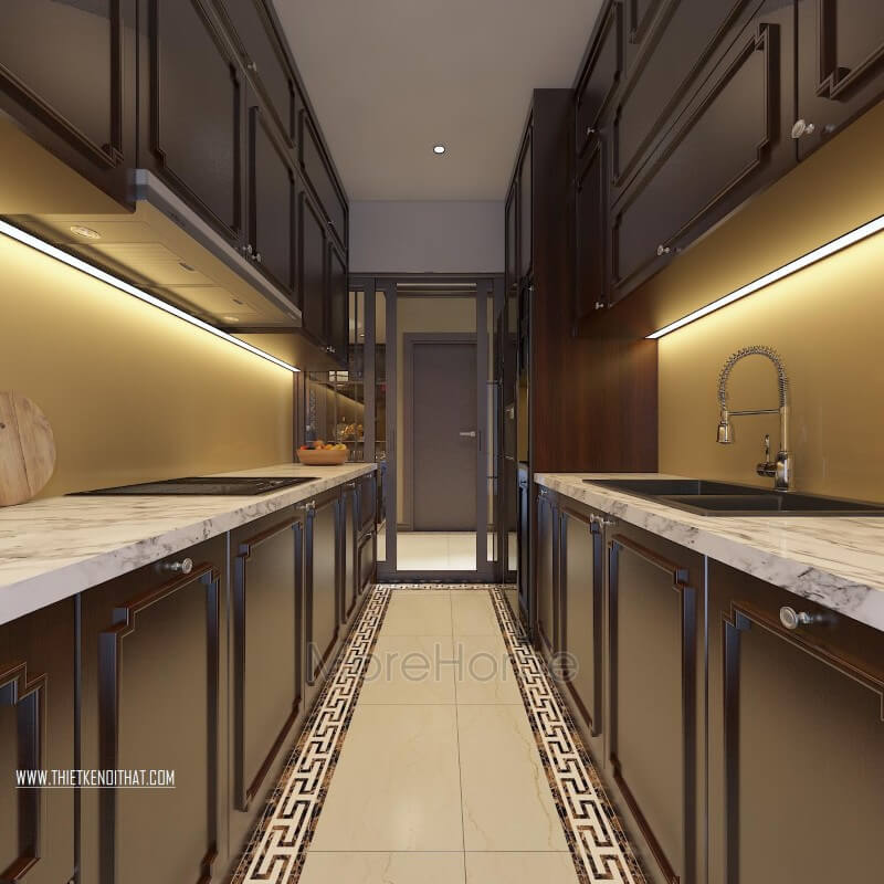 Tủ bếp gỗ việt được kiến trúc sư Morehome thiết kế với những đường chỉ viền cánh đẹp mắt Thiết kế chung cư