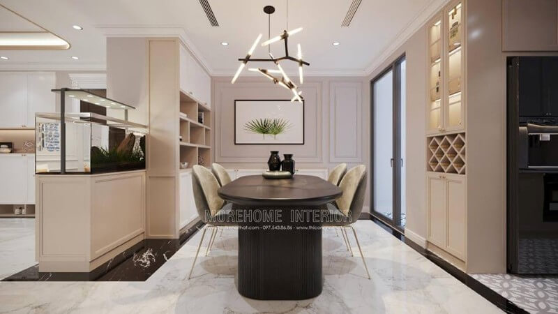 Không gian tận hưởng bữa cơm gia đình được thiết kế lãng mạn với bộ bàn ghế hiện đại, ghế làm bằng nệm nỉ khung sắt chắc chắn và êm ái