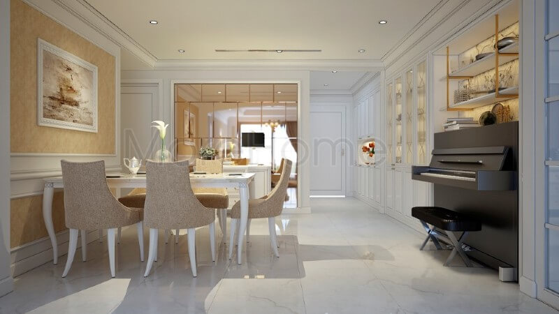 Bộ bàn ghế cao cấp với sự kết hợp hài hòa giữa 2 màu trắng vàng chủ đạo tạo nên một không gian phòng ăn sang trọng mà vô cùng ấm áp