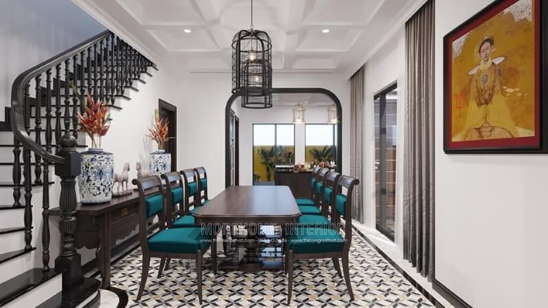 Mẫu bàn ăn này được sản xuất từ chất liệu gỗ tự nhiên nhập khẩu, phun sơn Alkana màu cánh gián đẹp mắt. Bàn gỗ nguyên tấm óc chó với thiết kế chân trụ đặc biệt, kết hợp cùng 8 chiếc ghế ăn bằng gỗ óc chó có đệm bọc vải màu xanh ấn tượng.Thăng hoa cùng món ăn chính là chiếc đèn chùm trang trí giống như chiếc lồng chim quý ngay phía trên.