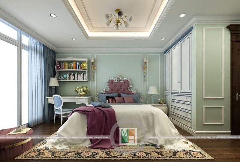Thiết kế phòng ngủ đẹp với đồ nội thất màu trắng với kiểu dáng tân cổ điển sang trọng đẳng cấp