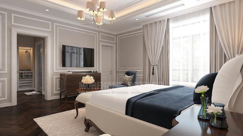 Bố trí nội thất phòng ngủ vợ chồng tân cổ điển sử dụng tone trắng chủ đạo sẽ là lựa chọn ấn tượng cho gia chủ mệnh Kim.