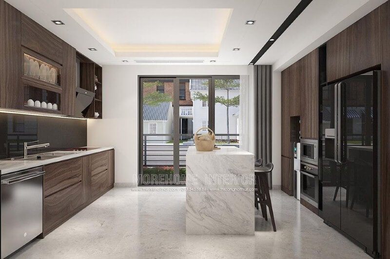Trang trí phòng bếp hiện đại ấn tượng với gỗ veneer cao cấp.