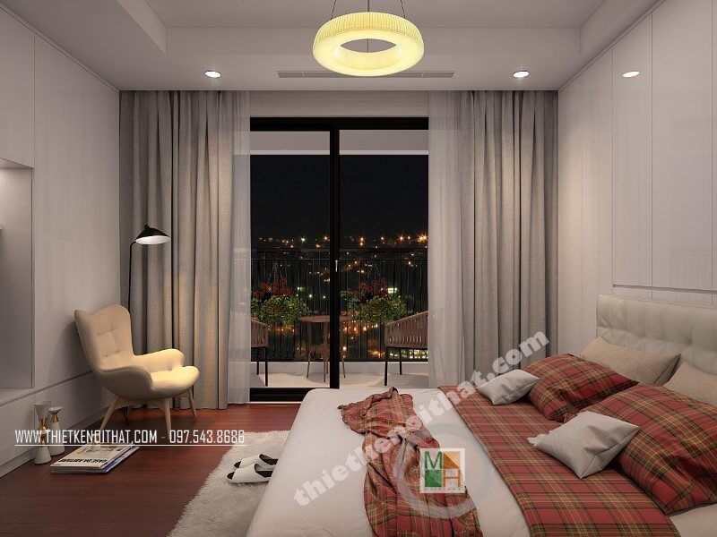 Mẫu thiết kế phòng ngủ nhỏ gọn với tông màu trắng ghi làm chủ đạo kết hợp bộ ga trải giường caro đỏ tạo điểm nhấn màu sắc cho căn phòng