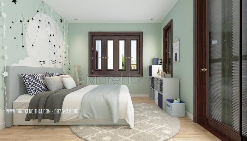 Nội thất phòng ngủ con thơ mộng và đáng yêu, giấy dán tường đẹp mắt, đèn trang trí ngôi sao cho tới kệ tủ trang trí được trang trí với nhiều màu sắc khác nhau tạo nên sự sinh động cho căn phòng