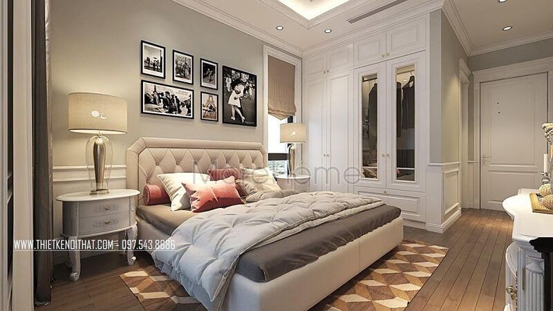 Mẫu tủ quần áo gỗ 4 cánh với thiết kế 2 cánh gỗ kết hợp kính ấn tượng cùng nước sơn màu trắng mịn sang chảnh phù hợp với phòng ngủ biệt thư, chung cư