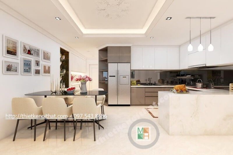 Đối lập với sắc trắng của không gian nội thất phòng bếp của căn hộ là màu đen cao cấp của kính ốp bếp - Điểm nhấn ấn tượng của cả căn phòng.