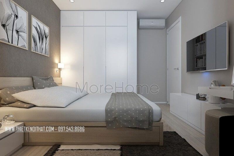Thiết kế nội thất phòng ngủ chung cư đầy ấn tượng với chất liệu gỗ công nghiệp sang trọng và tinh tế.