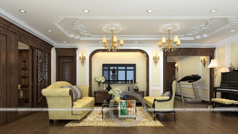 Mẫu thiết kế nội thất chung cư sang trọng với bộ sofa bọc vải nhung tân cổ điển màu vàng ánh kim ấn tượng, điểm nhấn nổi bật cho không gian căn phòng.
