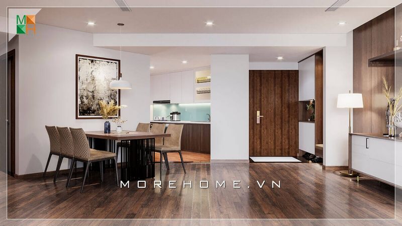 .
KTS Morehome đã sáng tạo ra một phương án để tận dụng khoảng không gian trống giữa phòng khách và lối vào bằng cách đặt một bộ bàn ăn. Điều này sẽ giúp không gian trống trải và tạo nên một bố cục ấm áp cho ngôi nhà của bạn.