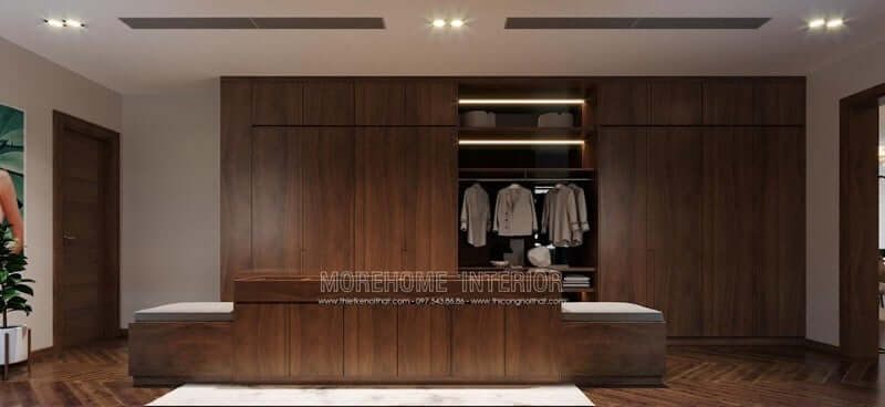 Mẫu tủ quần áo gỗ cao cấp màu nâu trầm sẽ khiến phòng thay đồ của chủ nhà trở nên sang trọng và đẳng cấp hơn.