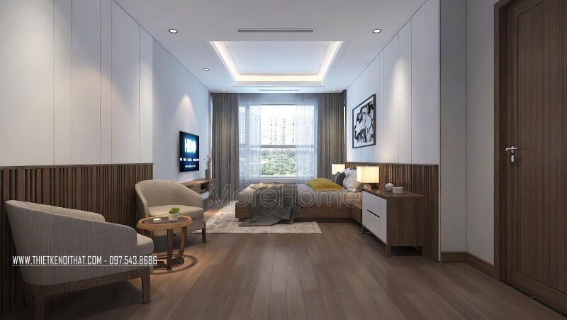Chúng tôi đã thiết kế nội thất phòng ngủ cho khách với nội thất hiện đại, tiện nghi, không gian thông thoáng để tạo ra một khu vực nghỉ ngơi lý tưởng.